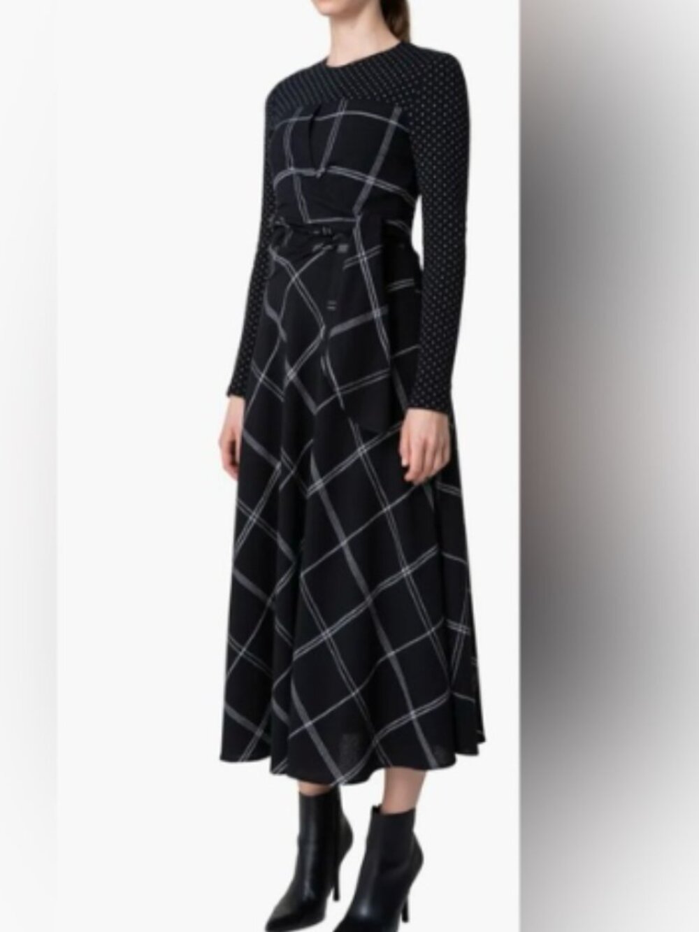 Akris Punto Mixed Media Long Sleeve Belted Wool Midi Dress, Black/Cream - Size 8 - Picture 2 of 7